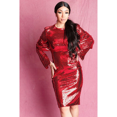 Loni Red Long Sleeve Sequin Dress - IvyEkongFashion
