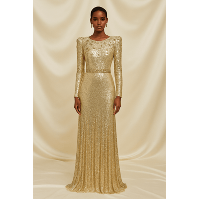 Full-length gold formal dress with structured shoulders and beaded belt