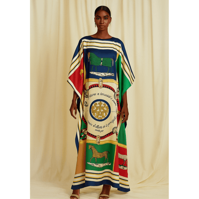 African print caftan, safari print kaftan, luxury silk kaftan, Moroccan caftan, ethnic print maxi dress, Afro-chic resort wear, multicolor tribal robe, lounge caftan for women, bold graphic kaftan, fashion-forward African attire, colorful modest fashion, global-inspired luxury wear, silk drape caftan, statement caftan dress