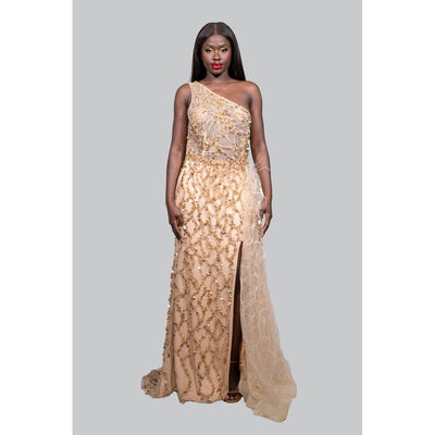 SELENA Gold One Shoulder Embellished Maxi  Dress - IvyEkongFashion