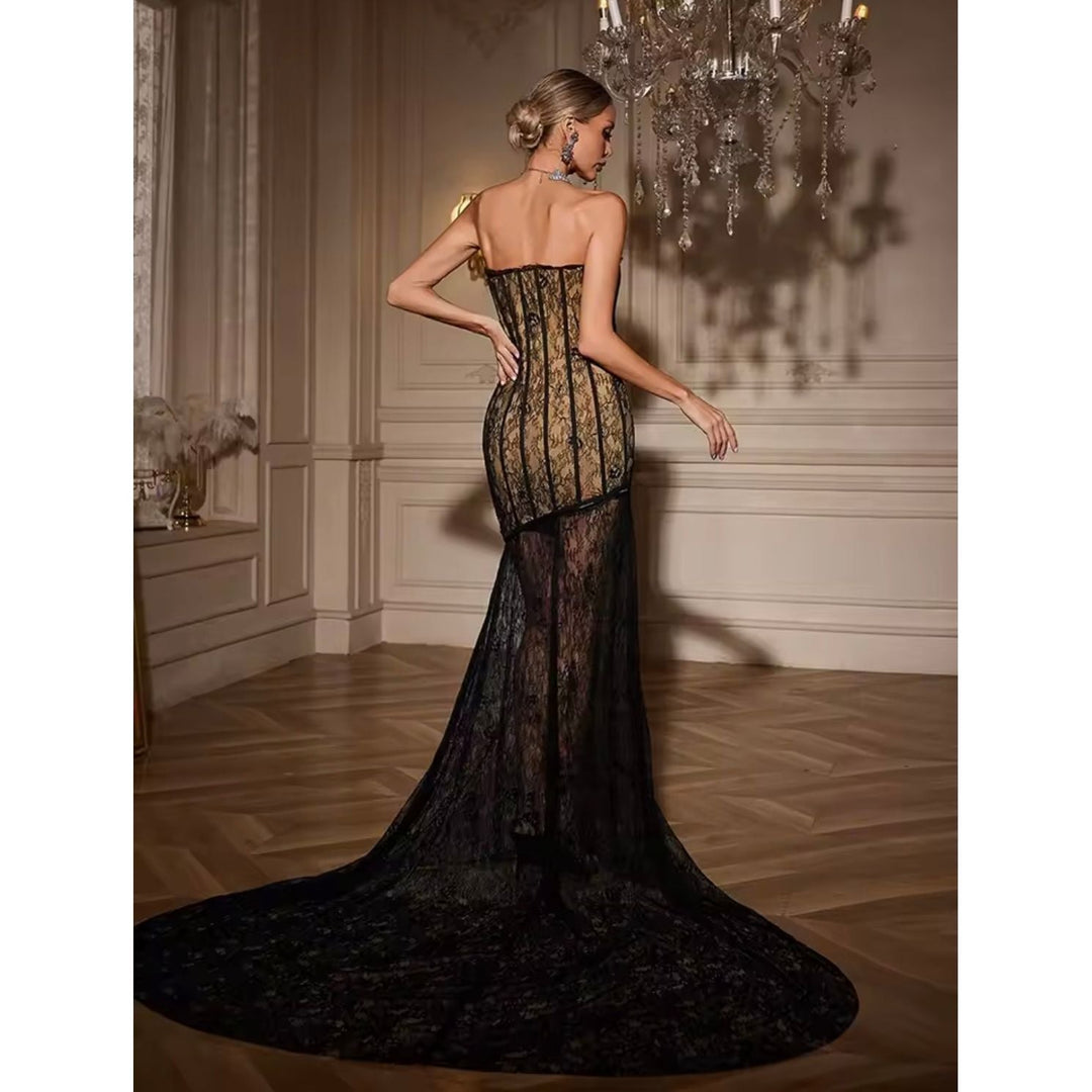 black lace dress with tan underneath Bariano Dress - Black Lace Gown - Long Sleeve Dress - Maxi Dress - $322.00