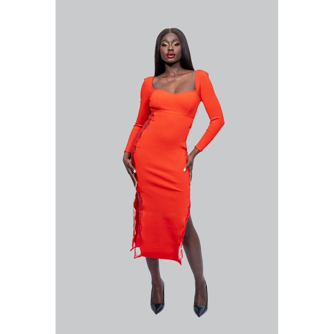 CHRISTINA Red Side Lace Midi Dress | IvyEkongFashion CHRISTINA Red Side Lace Midi Dress | IvyEkongFashion