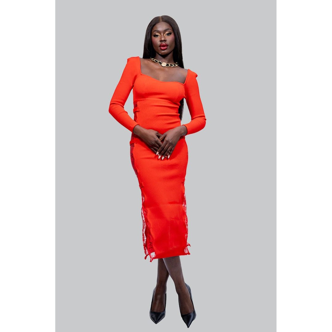 knee length dresses for ladies Blue Lace Embellished Midi Dress