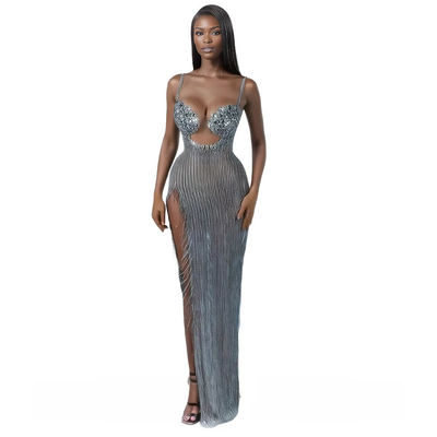 IvyEkongFashion MAXI DRESS MIMI Silver Maxi Sequin Slit Dress