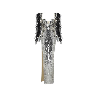 IvyEkongFashion MAXI DRESS NADINE Silver Embellished Feather Dress