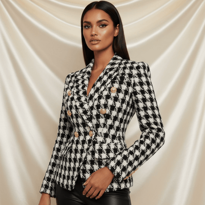 JADARE Houndstooth Tweed Blazer Jacket - IvyEkongFashion