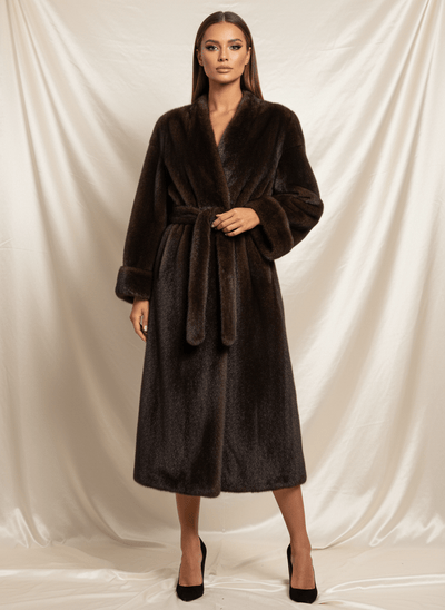 Ivy ekong fashion Dark brown mink faux fur luxury coat  with fur trim