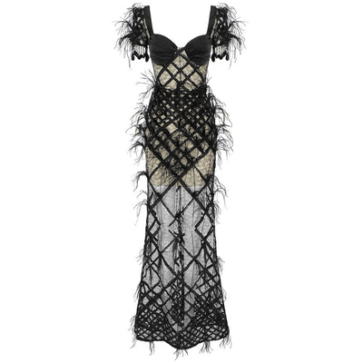 ANIKA Black Embellished  Maxi Feather Dress - IvyEkongFashion