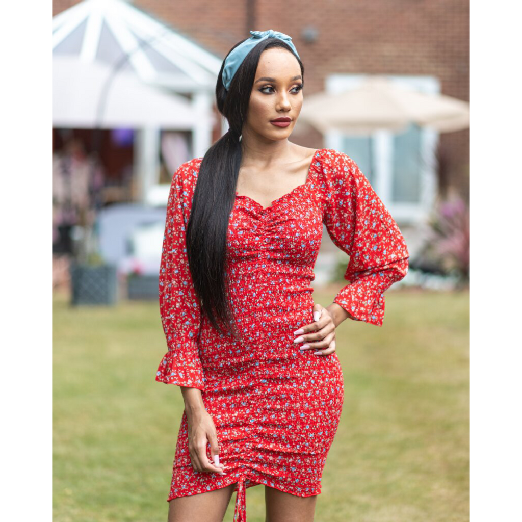 BRANDY Red Stretchy Floral Smoked Midi Dress