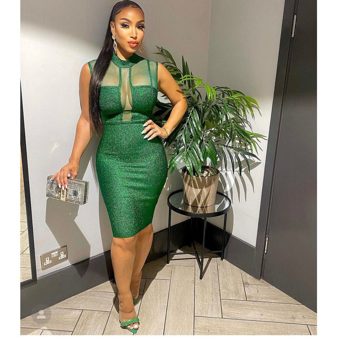 ANNY Green Metallic Bandage MIDI Dress | IvyEkongFashion ANNY Green Metallic Bandage MIDI Dress | IvyEkongFashion