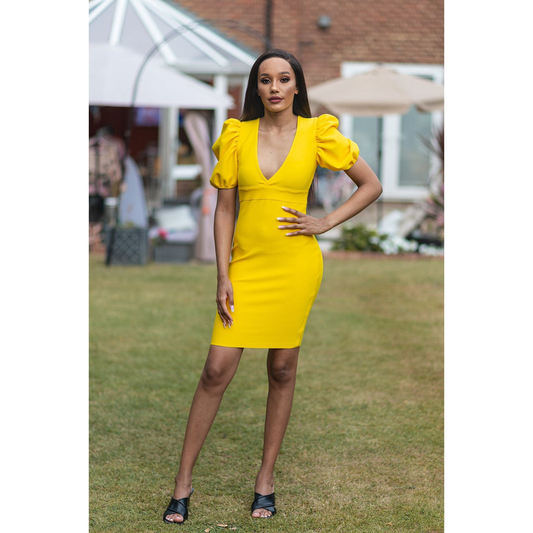 bandage dress yellow JOJO Yellow Deep Plunge Bandage Dress
