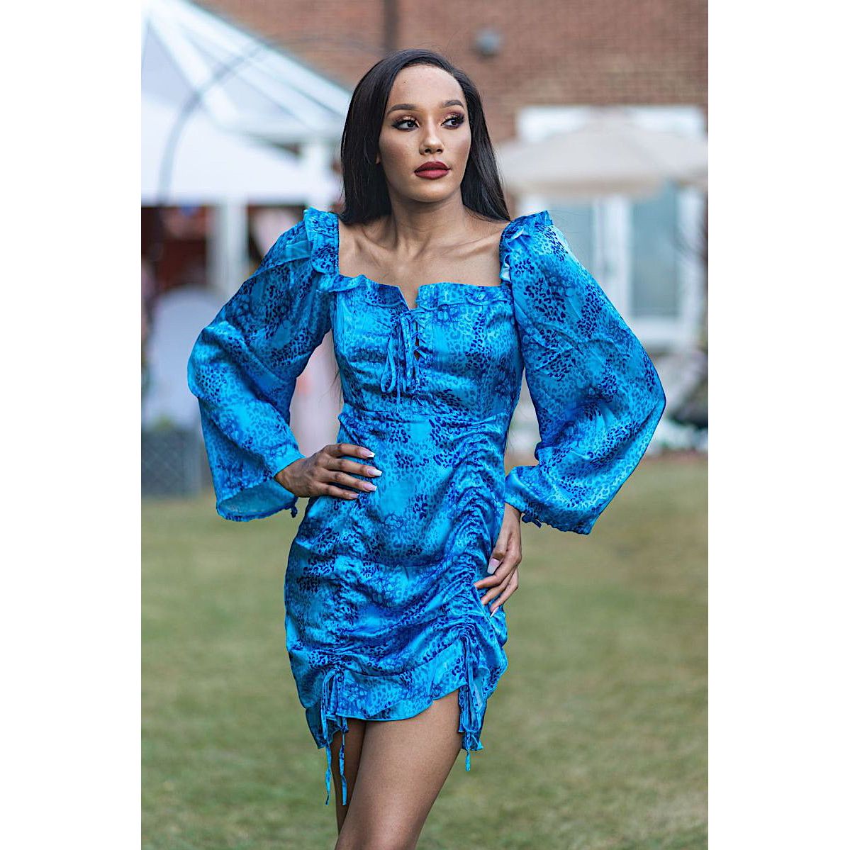 long sleeve satin floral dress MANDI Blue Satin Floral Long Sleeve Dress