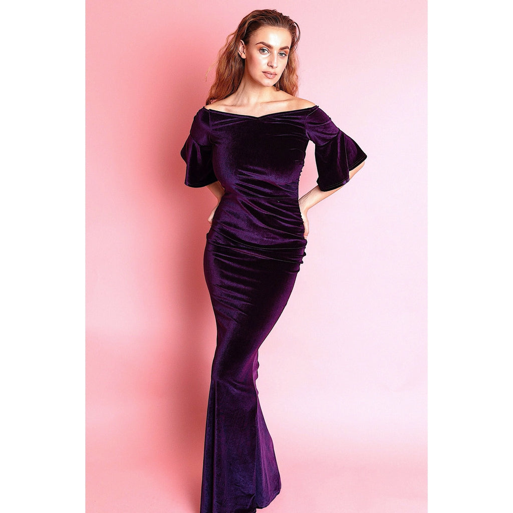 women's dark purple off the shoulder dress for the club NICOLE Maxi The perfectly positioned thigh Valentine's Dress Vtg Alexander McQueen 2017 Color:Red Buffalo