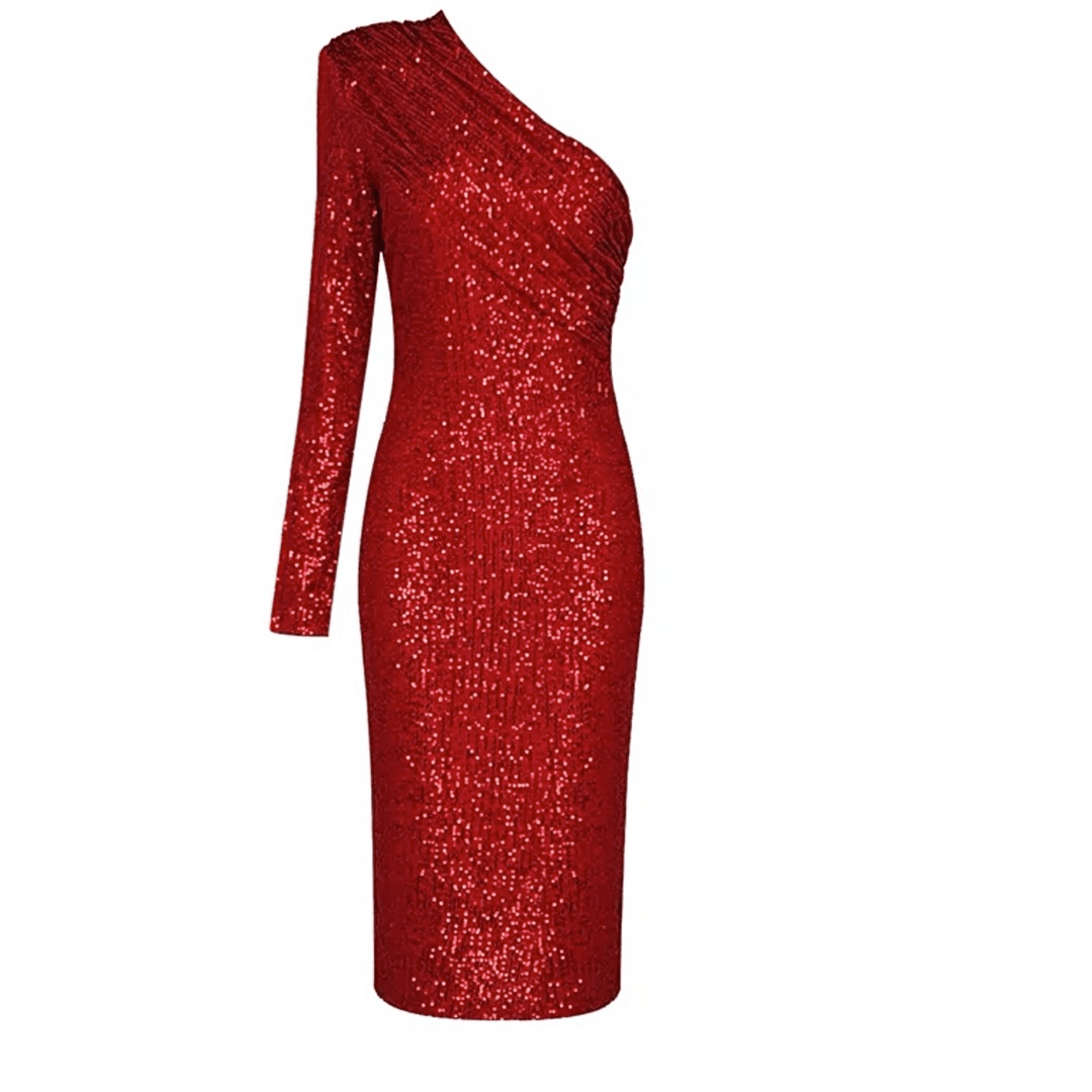 SAFFI Red One Shoulder Sequin Midi Dress